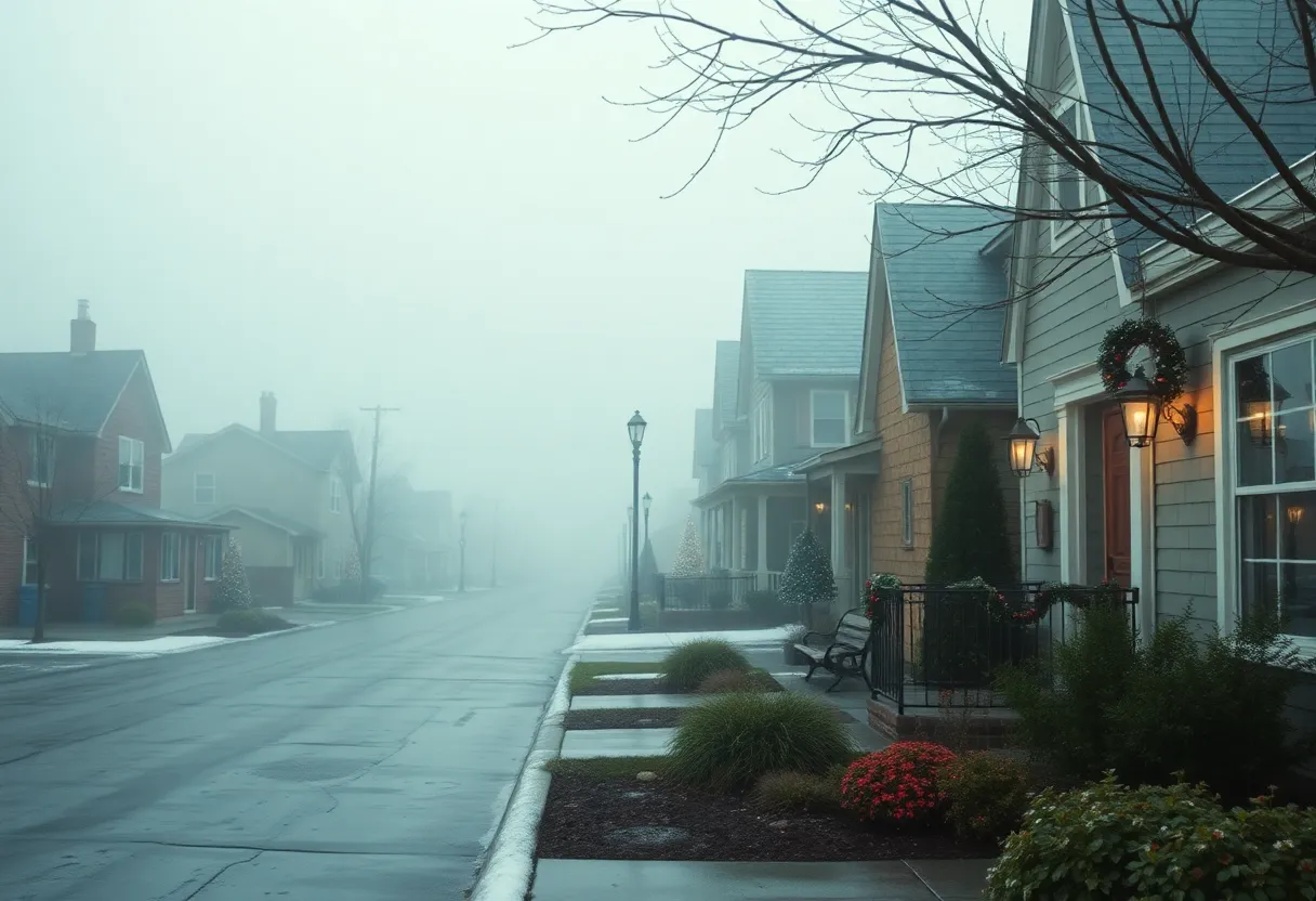 Foggy and drizzly day in Rock Hill, SC, with cozy homes.