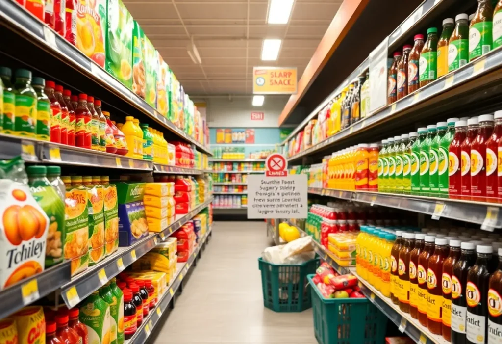 Grocery store aisle with healthy food options following SNAP restrictions.