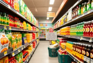 Grocery store aisle with healthy food options following SNAP restrictions.