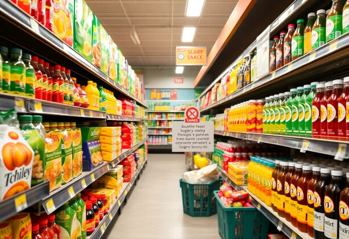 Grocery store aisle with healthy food options following SNAP restrictions.