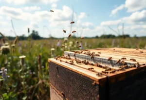 Honeybees around a beehive in South Carolina