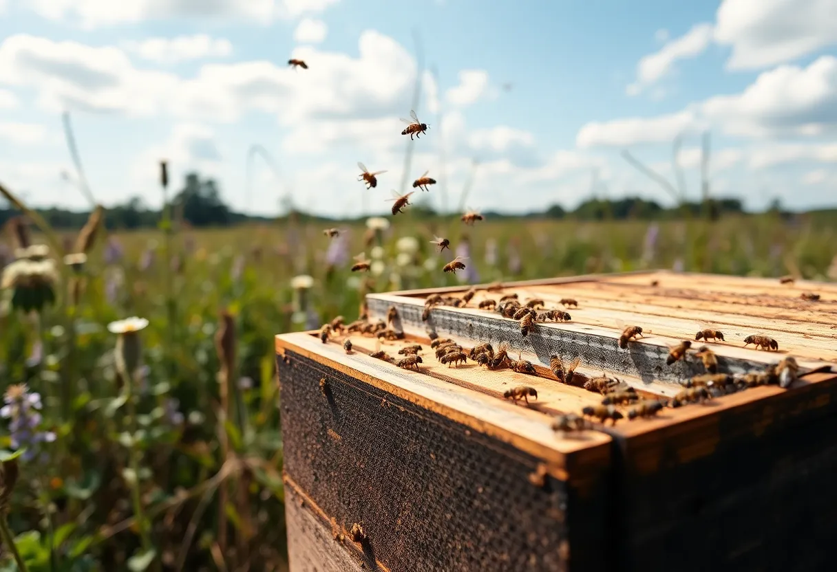 Honeybees around a beehive in South Carolina