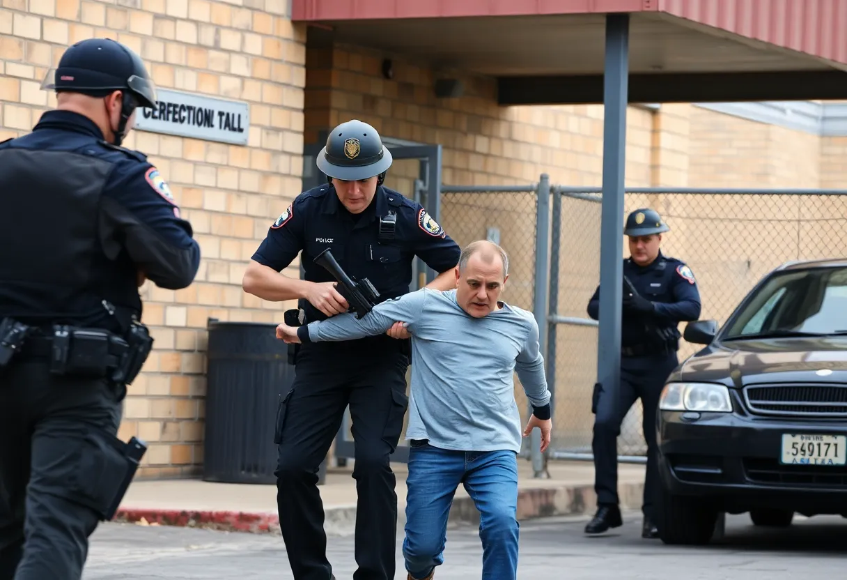 Police apprehending an inmate near a correctional facility