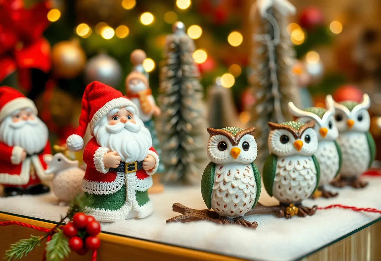Handcrafted Jim Shore Christmas miniatures including Santa and owl figurines