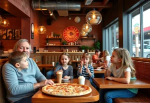 Families enjoying sourdough pizza and ice cream at Junior Varsity in Rock Hill