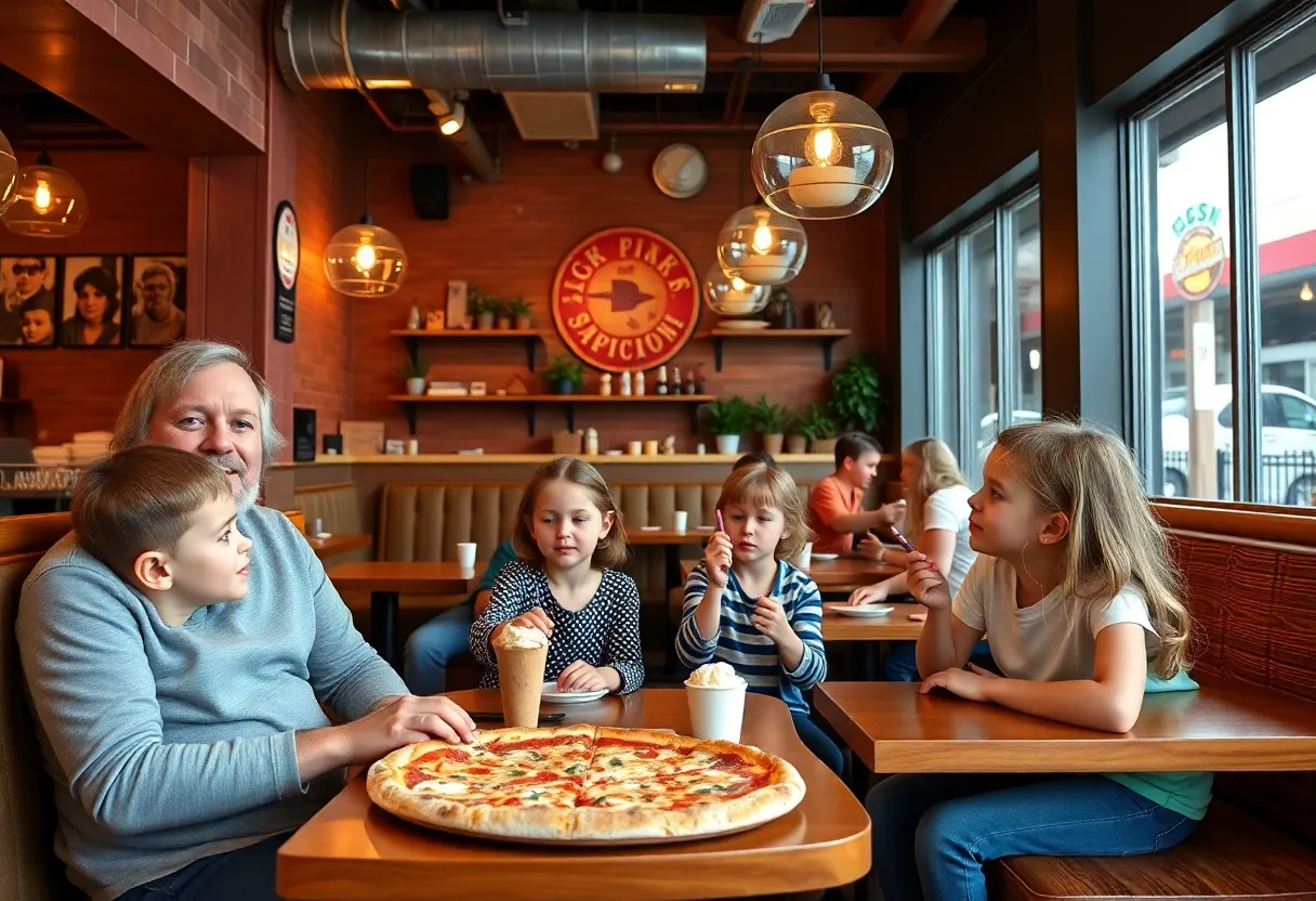 Families enjoying sourdough pizza and ice cream at Junior Varsity in Rock Hill