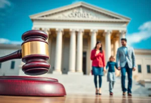 A family embracing in front of a courthouse symbolizing justice.