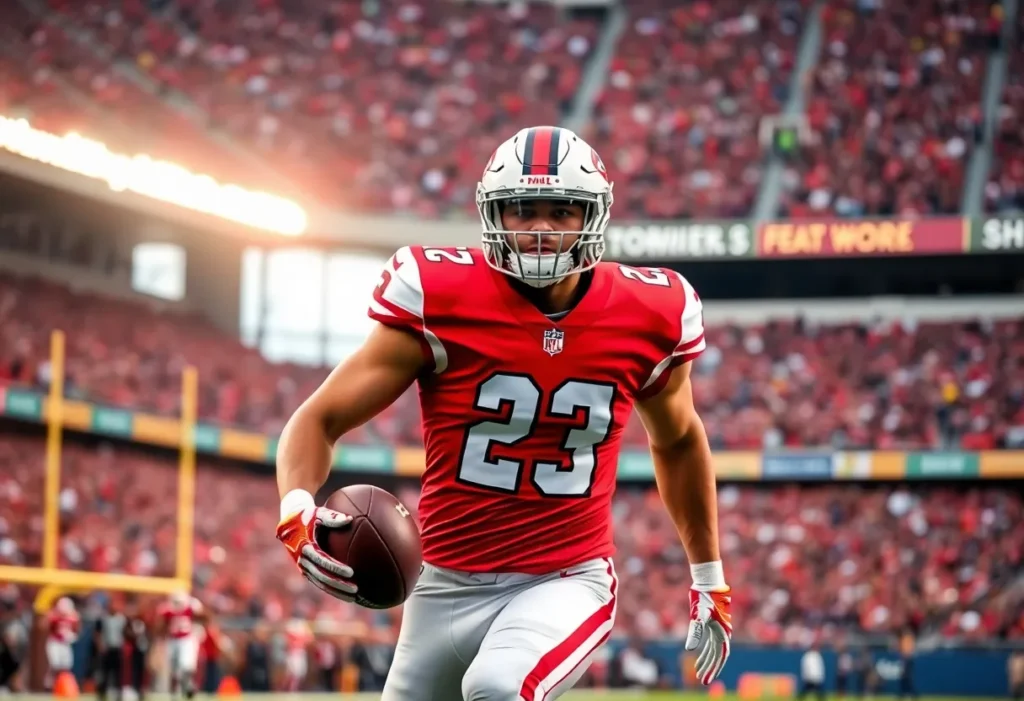 Athletic football player showcasing defensive skills in a stadium