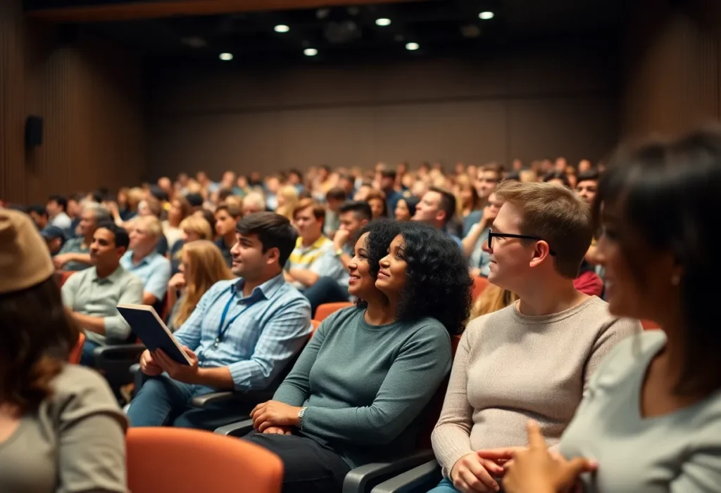 A lively book tour event featuring Kamala Harris engaged with the audience