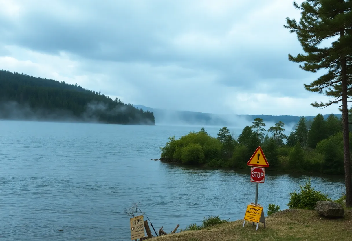 Picture of a lake with wind causing ripples on the surface under a cloudy sky in Rock Hill, SC.