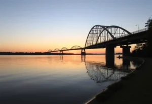Tranquil view of Lake Wylie with the Buster Boyd Bridge at sunset