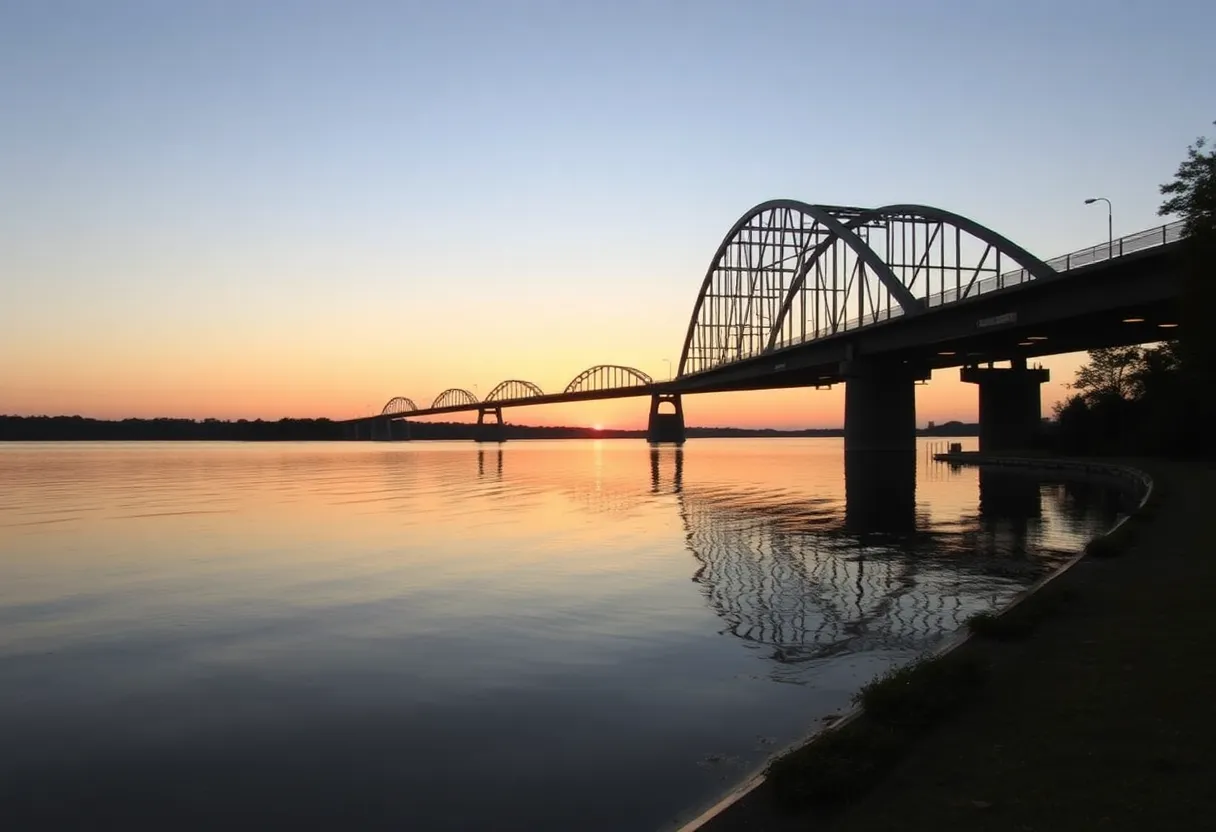 Tranquil view of Lake Wylie with the Buster Boyd Bridge at sunset