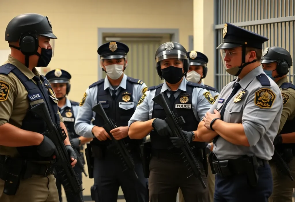 Law enforcement officers coordinate during an operation