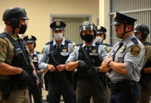 Law enforcement officers coordinate during an operation