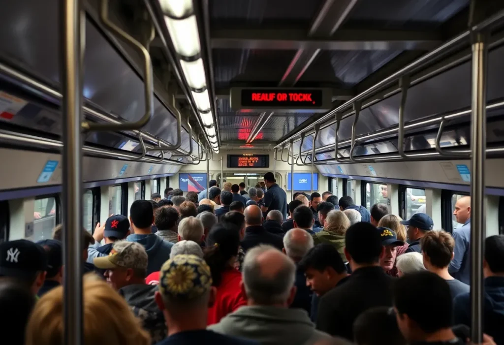 Crowded light rail train illustrating public safety issues