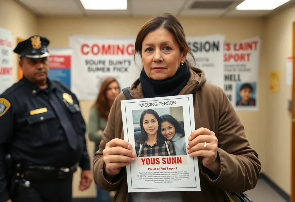 Family member of a missing person holds a photo for awareness.