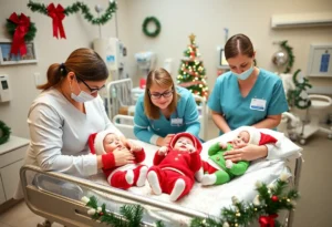 Nurses dressing newborns in holiday costumes in NICU