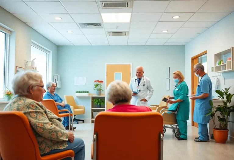 Healthcare professionals engaging with elderly patients in a modern care facility.