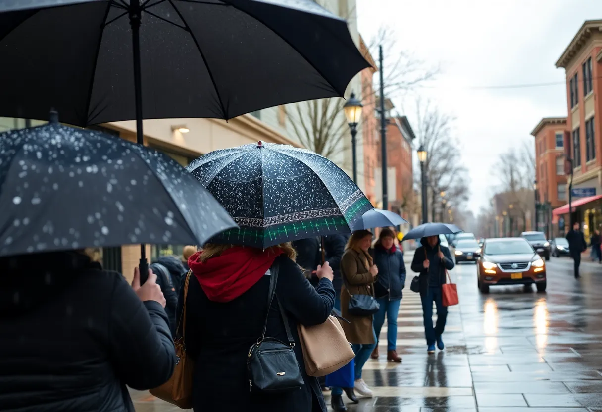 People with umbrellas walking in the rain in Rock Hill, SC