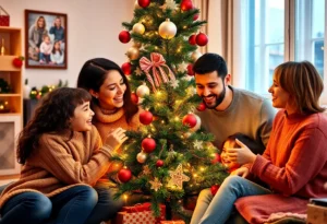 Families in Rock Hill celebrating holiday adoptions around a Christmas tree.