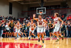 Rock Hill boys basketball team playing in a game against Clover High School