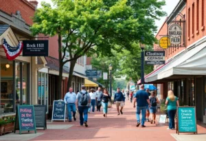 Vibrant street scene featuring local businesses in Rock Hill, SC