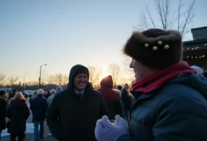 A clear winter morning in Rock Hill, SC, with people in winter apparel.