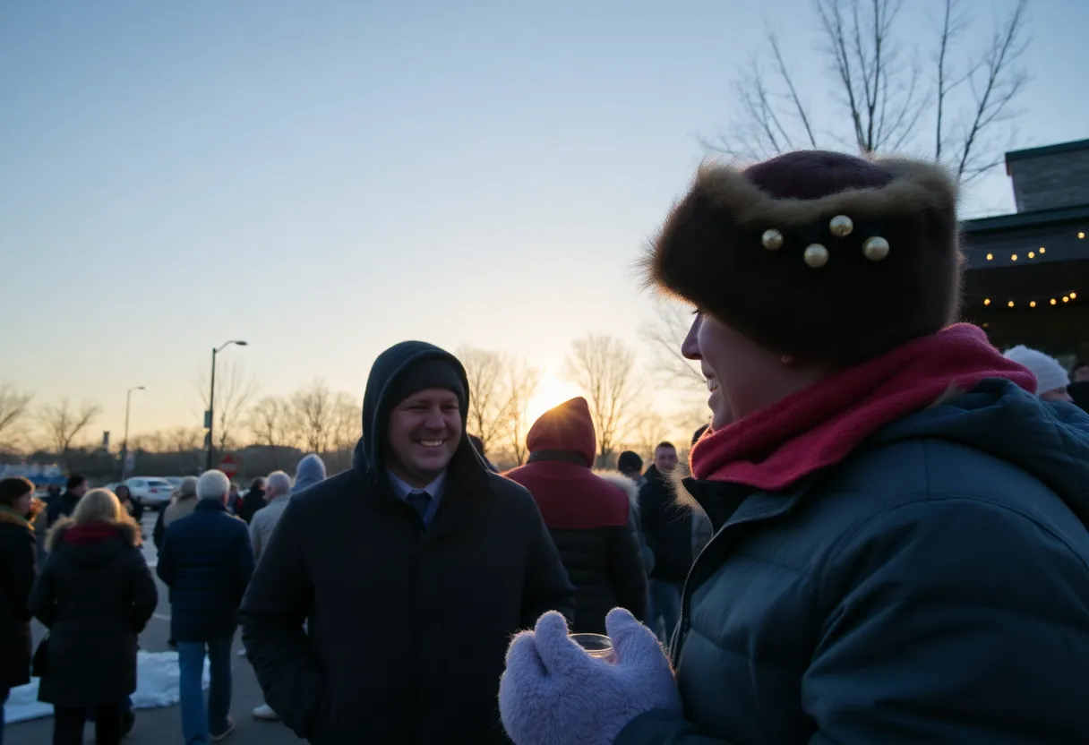 A clear winter morning in Rock Hill, SC, with people in winter apparel.