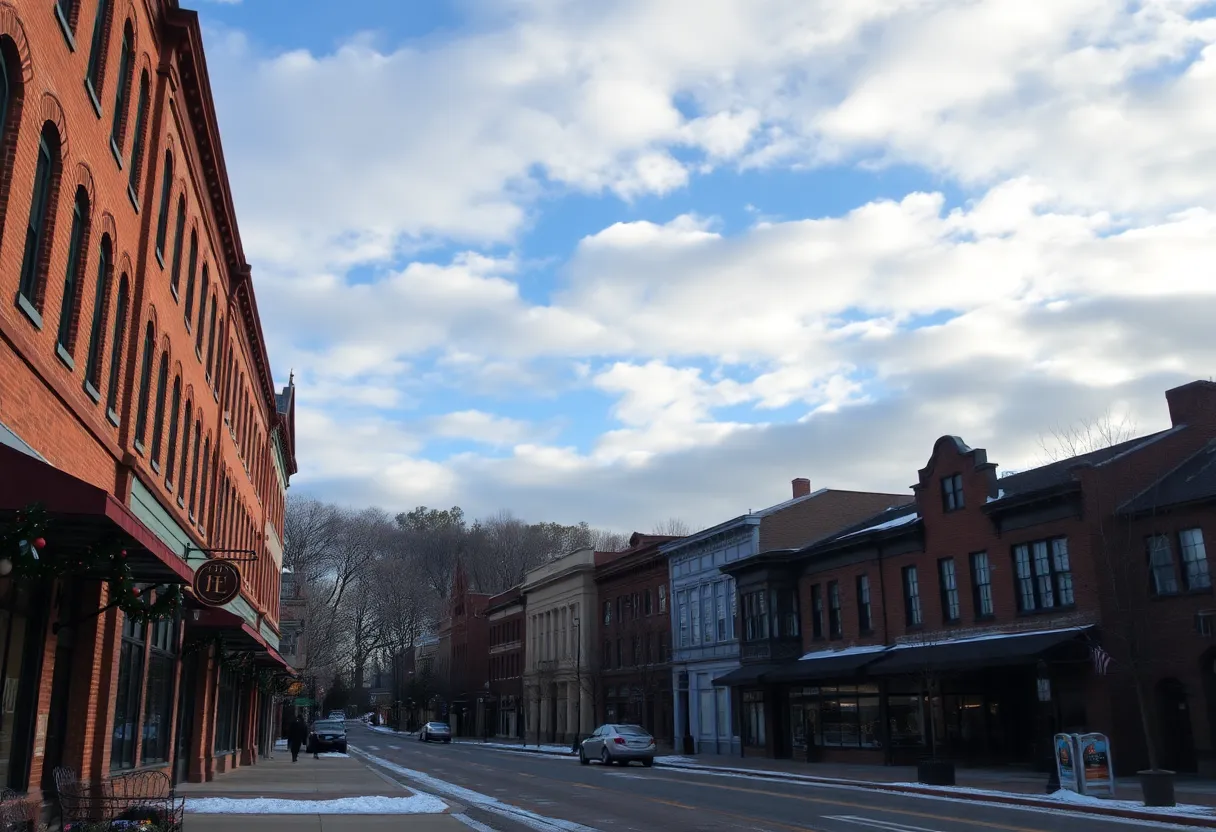 Historic street in Rock Hill, SC, on a chilly December day with holiday decorations.
