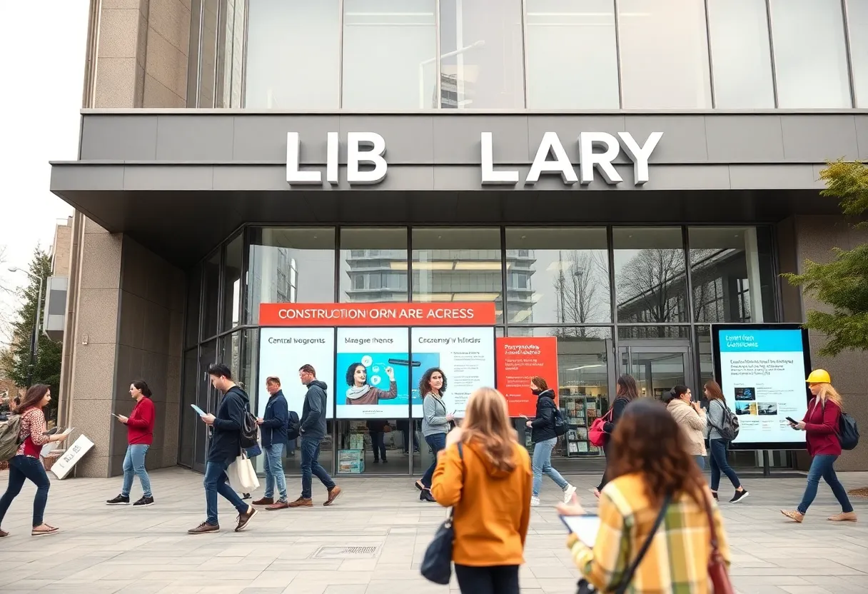 Exterior of Rock Hill Public Library during maintenance closure with digital access information.