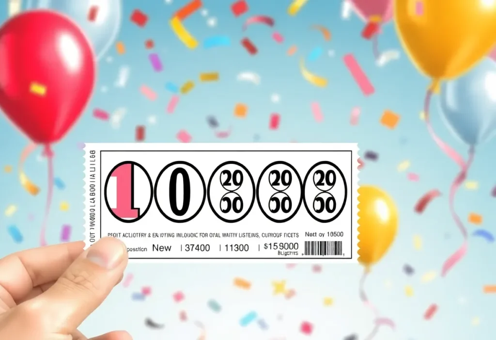 Celebration of a lottery win with confetti and balloons