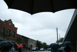 A rainy day scene in Rock Hill, SC with umbrellas in use.