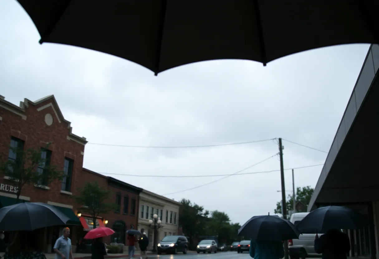 A rainy day scene in Rock Hill, SC with umbrellas in use.