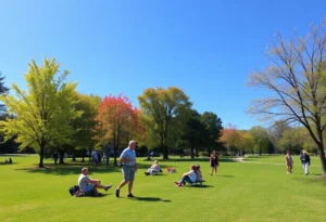 Bright sunny day in Rock Hill, SC with people enjoying outdoor activities.