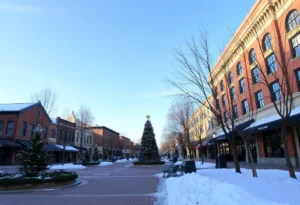 A sunny winter day in Rock Hill with festive decorations.