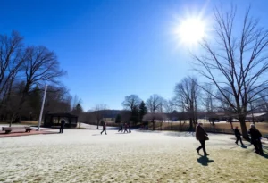 A beautiful winter day in Rock Hill, SC, with clear skies and sunlight over a park.