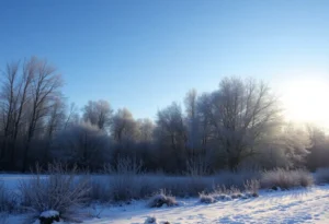 Scenic winter landscape of Rock Hill, SC with clear skies and frost.