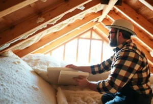 Homeowner working on roof insulation installation in the attic.