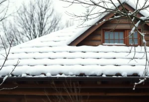 A snow-covered roof with proper winter preparation techniques visible, including clean gutters and trimmed branches.