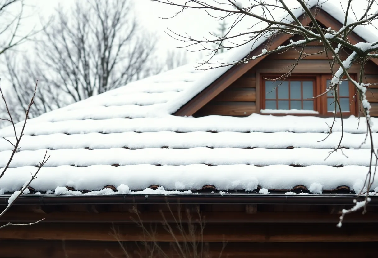 A snow-covered roof with proper winter preparation techniques visible, including clean gutters and trimmed branches.