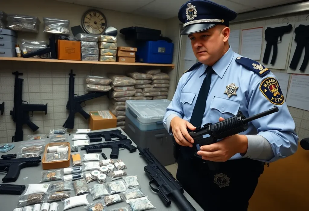 Display of confiscated drugs and firearms from a police investigation