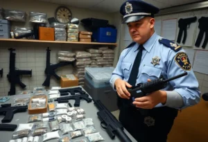 Display of confiscated drugs and firearms from a police investigation