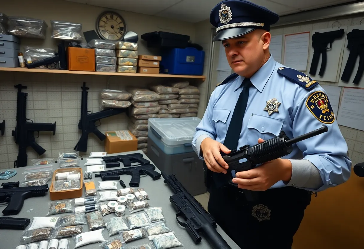 Display of confiscated drugs and firearms from a police investigation
