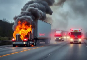 Fire engulfing a semi-truck on Interstate 77 with emergency response