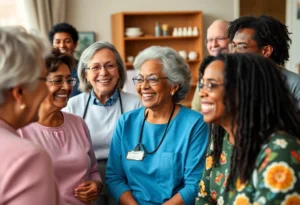 Seniors engaging in caregiving roles with clients, fostering community support.