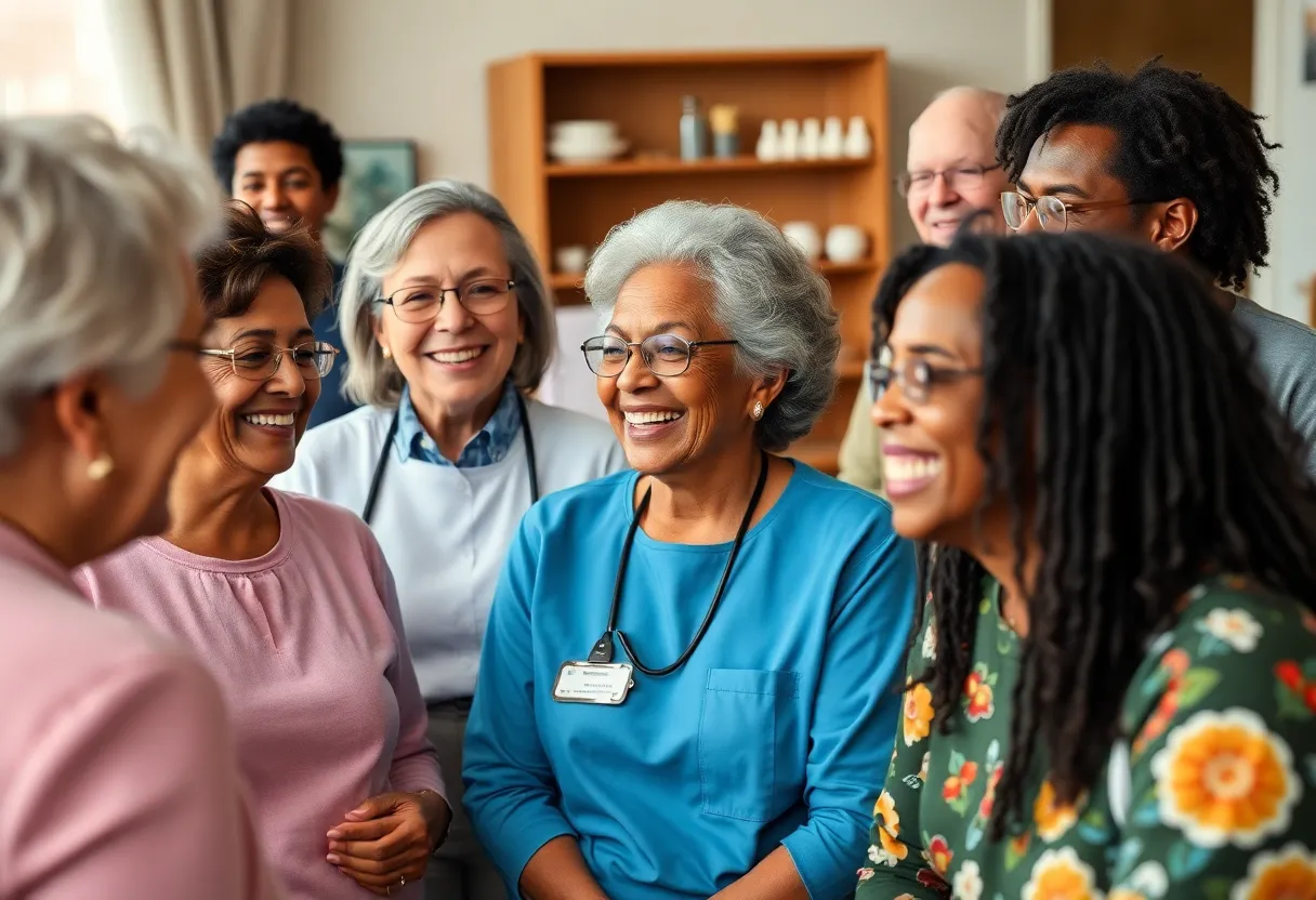 Seniors engaging in caregiving roles with clients, fostering community support.