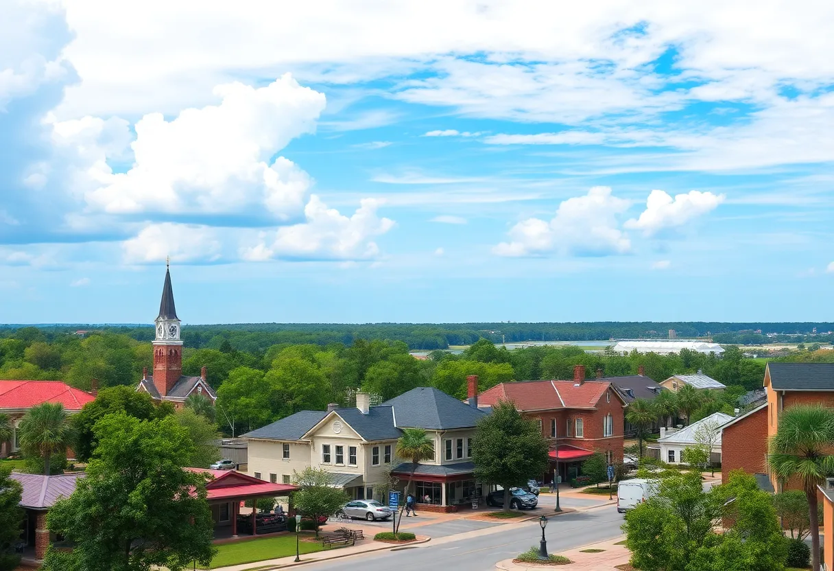 A picturesque town in South Carolina ideal for retirees, showcasing vibrant community spaces and nature.