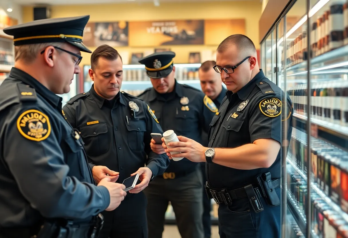 Law enforcement officials inspecting a vape shop in South Carolina.
