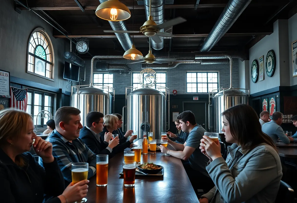 Interior of Sycamore Brewing with patrons amidst somber news