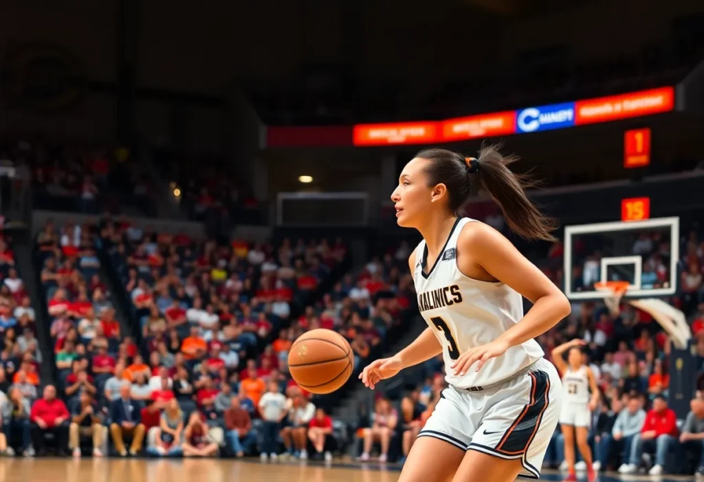 A female basketball player in a dynamic action shot during a college game.